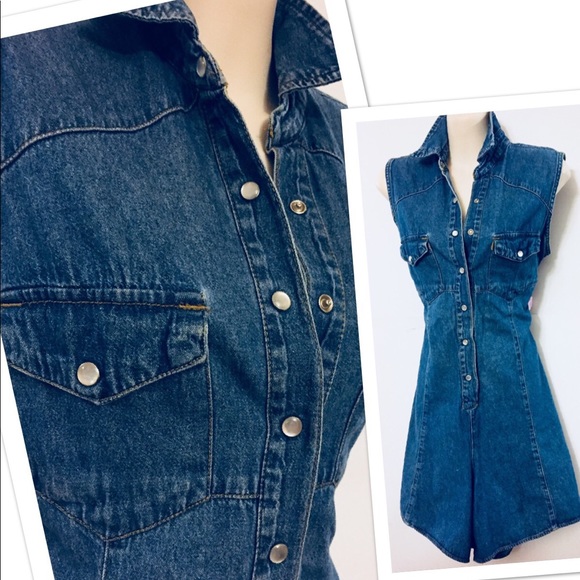 Sostanza Denim - Vtg Sostanza Pearl Snap JUMPER Romper Shorts Lg